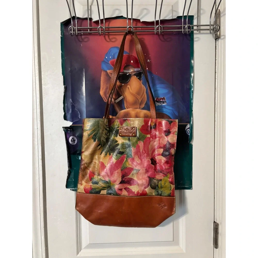 Patricia Nash Italian Leather Floral Tote Bag Cognac Brown Hand Painted Shopper